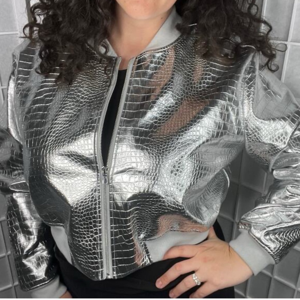 Eloquii Metallic Silver Croc-Embossed Bomber Jacket